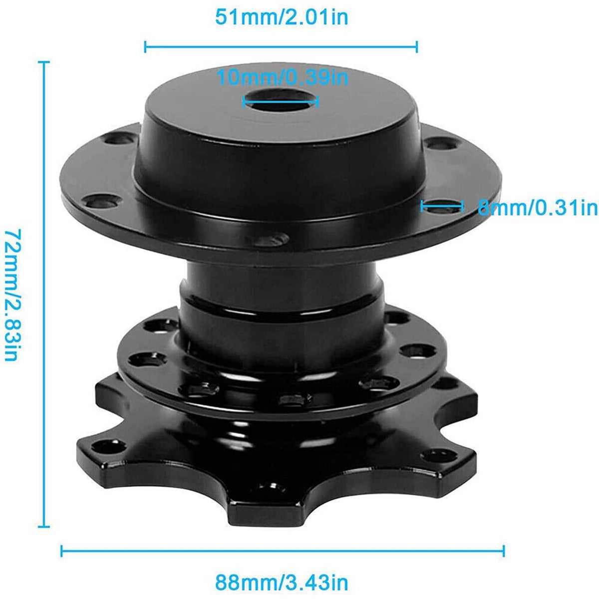 Black steering wheel hub adapter quick release dimensions, mounting flange and post