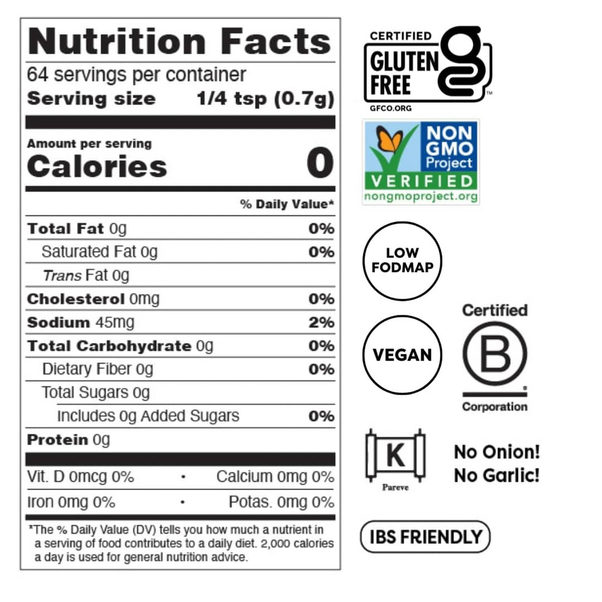Nutrition facts and dietary labels for Fody Foods sensitive everyday seasoning