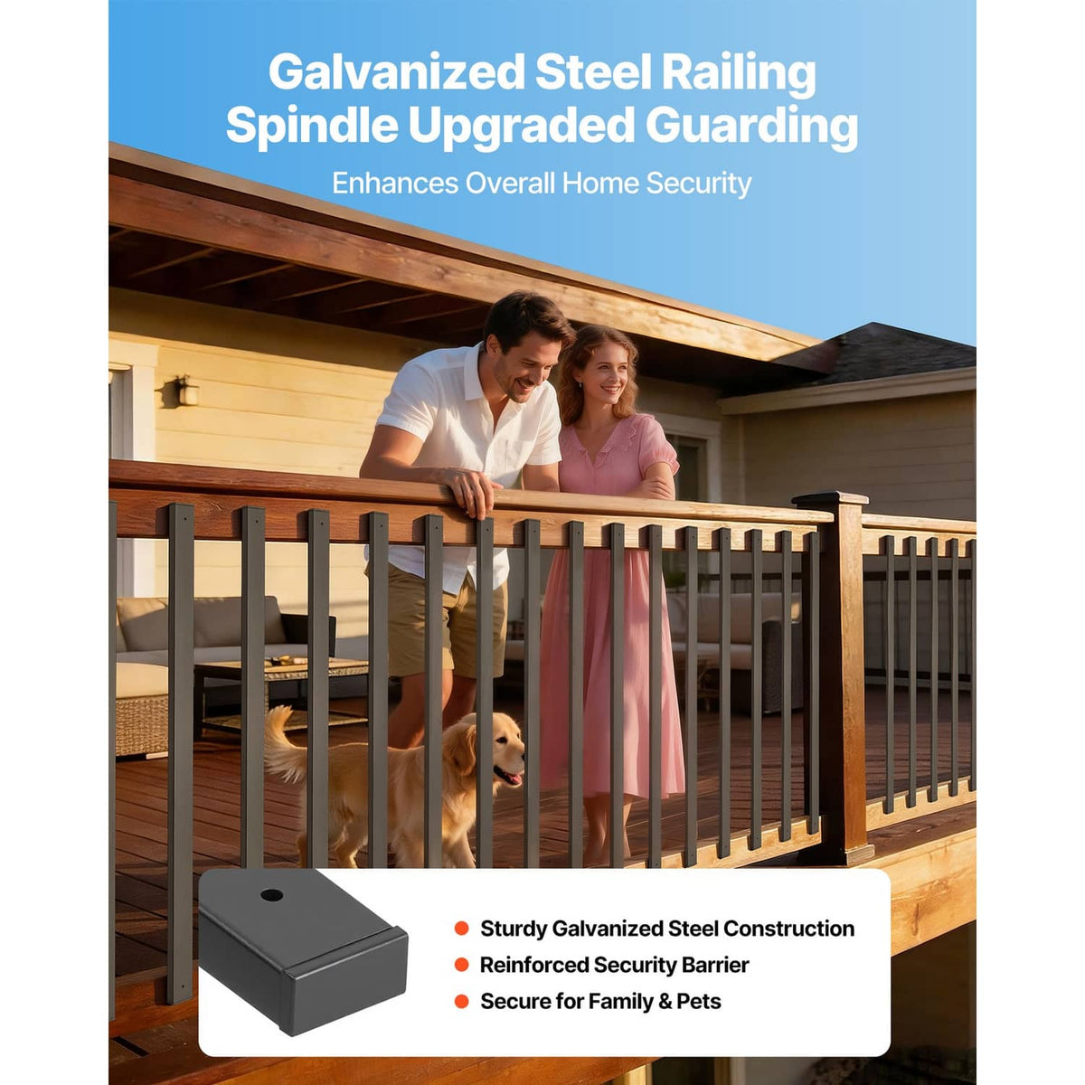 Black rectangular steel railing spindles mounted on a wooden deck railing