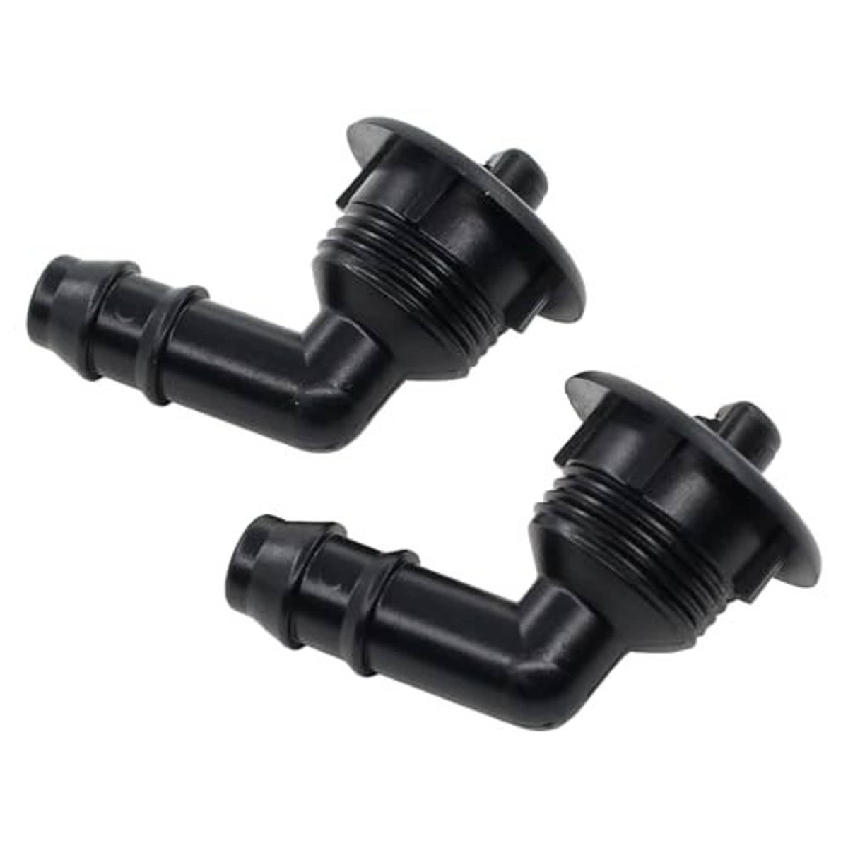 Pair of black headlight washer jets with raised threaded rings and L-shaped tubes