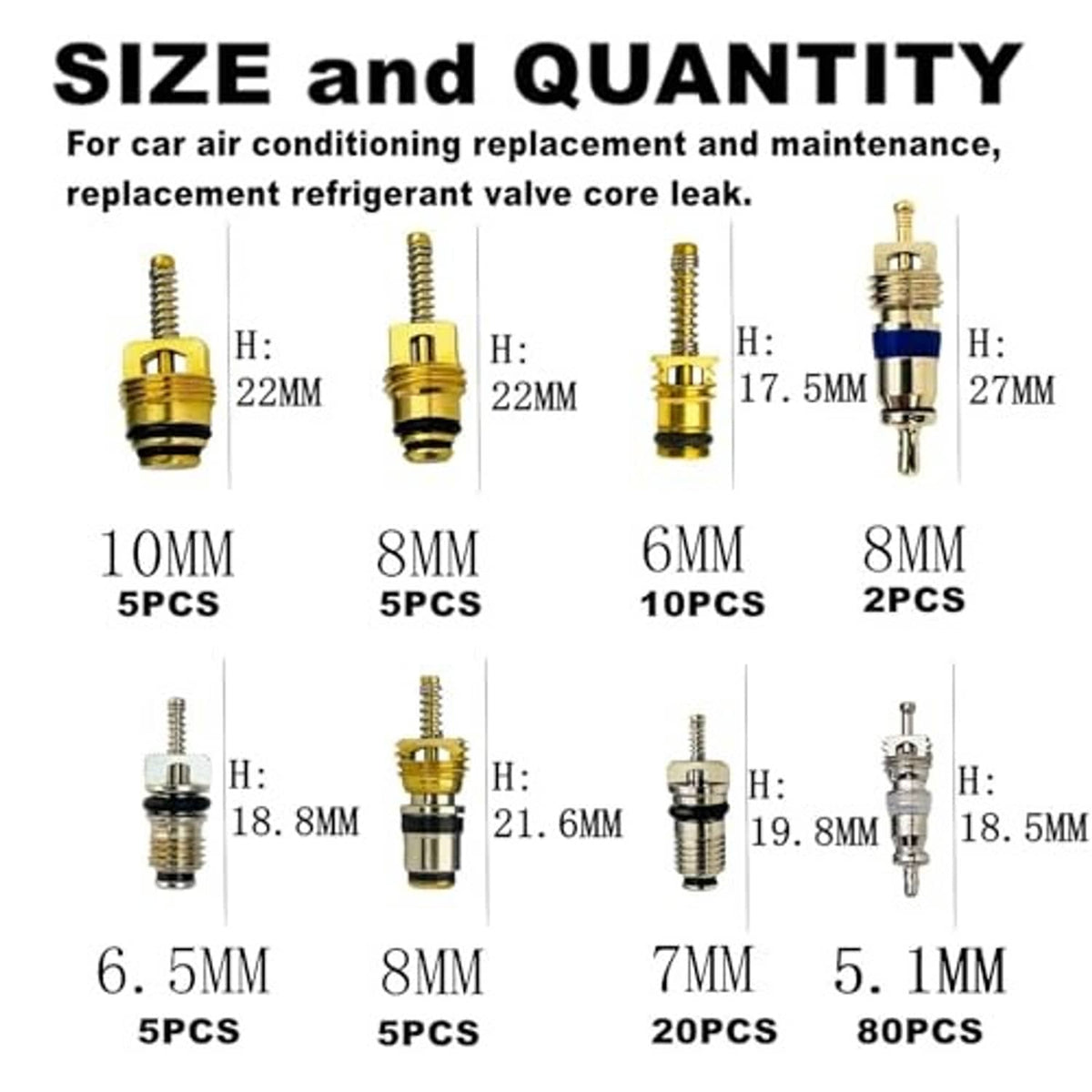 A/C valve core kit size chart showing valve core measurements and quantities