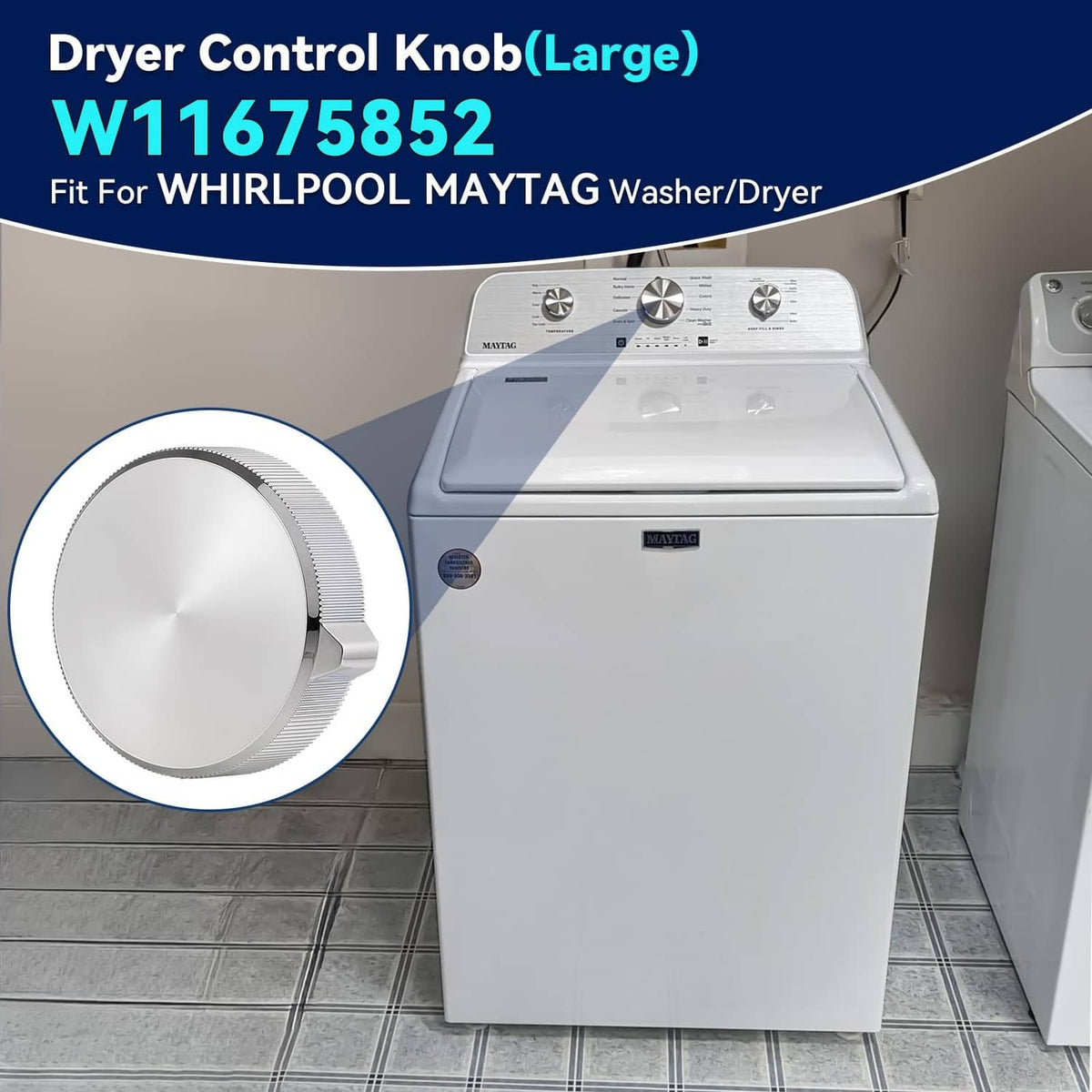 Large round silver dryer control knob replacement with ridged perimeter and side handle.