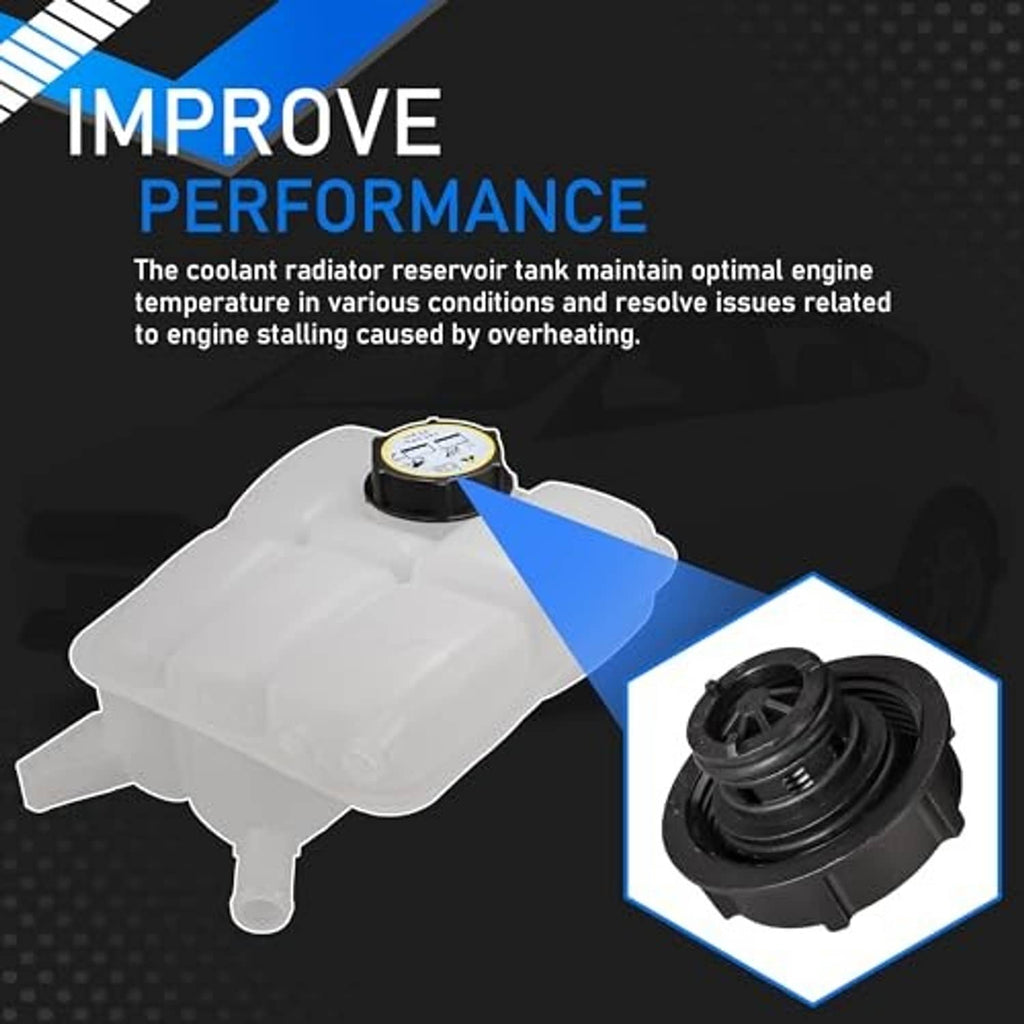 Engine coolant recovery reservoir tank with black cap, white plastic coolant container