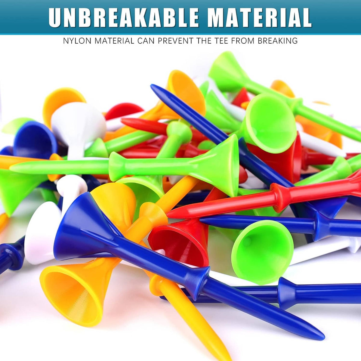 Mixed-color plastic golf tees pile, blue, green, yellow, red, and white