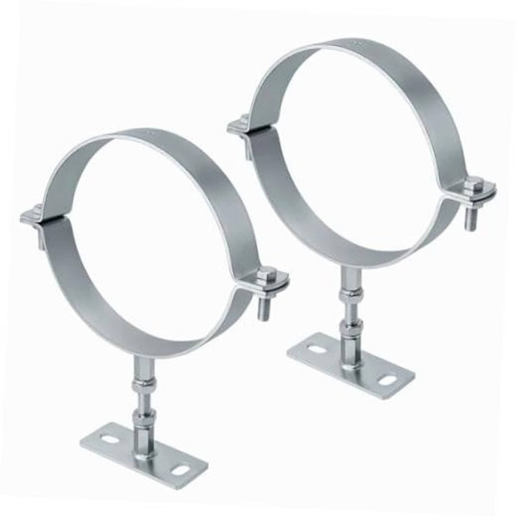 2-piece rigid split ring chimney pipe wall brackets, gray metal with mounting bases