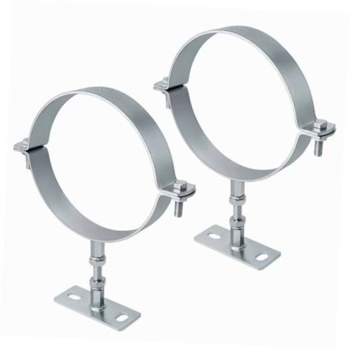 2-piece rigid split ring chimney pipe wall brackets, gray metal with mounting bases