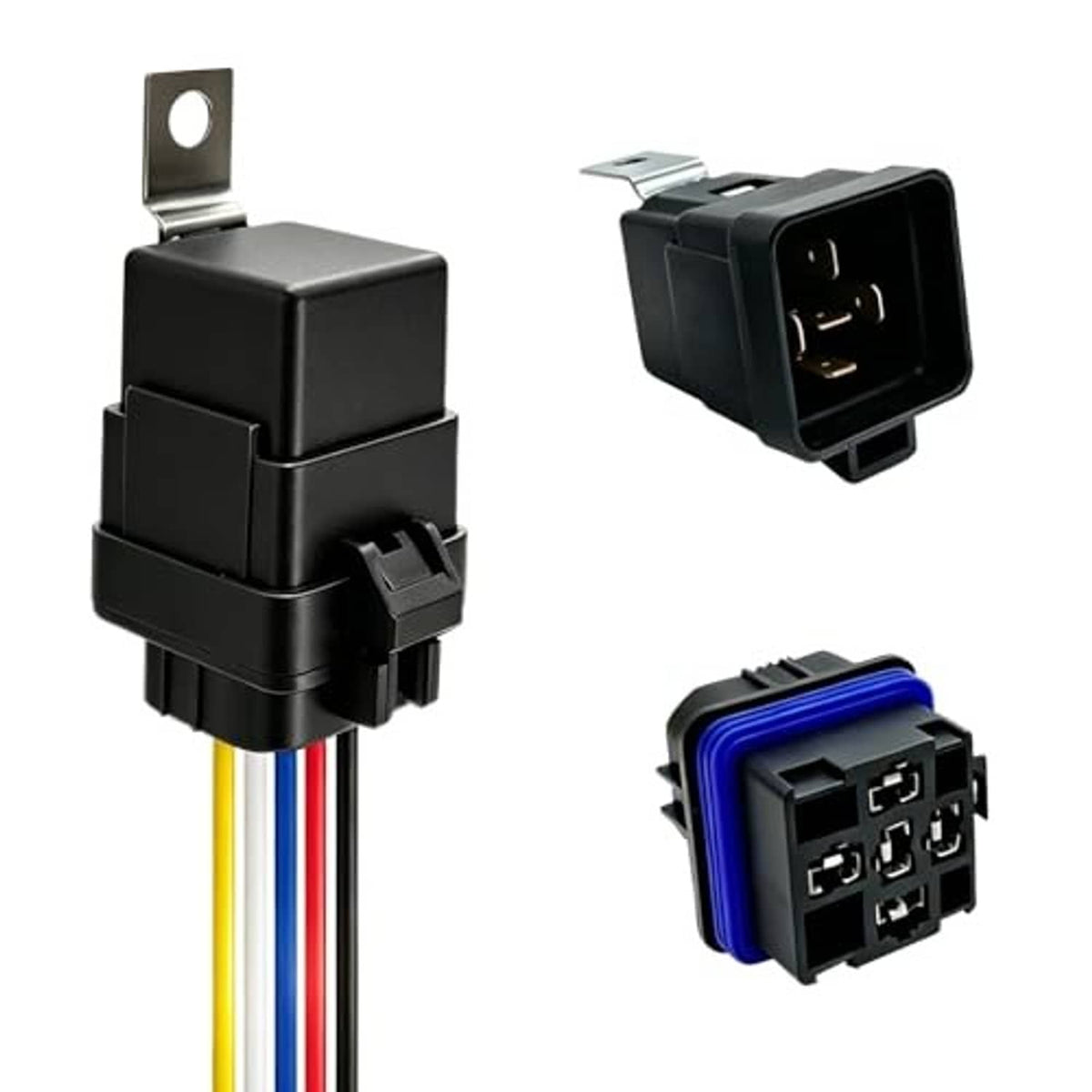 Black 5-pin automotive relay with socket terminals and color-coded wire leads