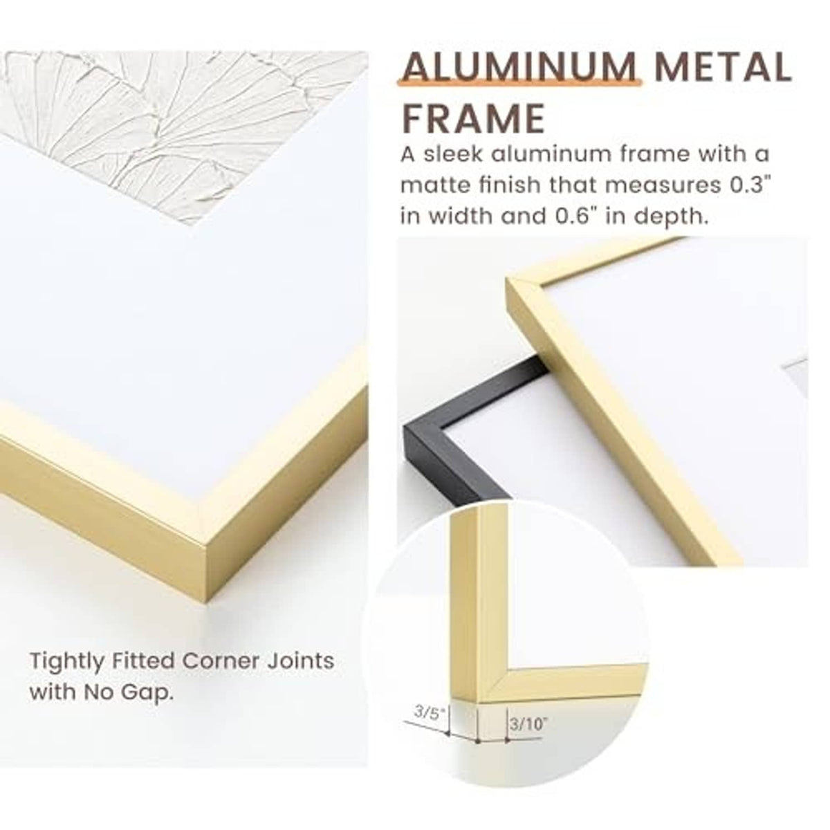 Gold aluminum metal picture frame with tight, no-gap corner joints