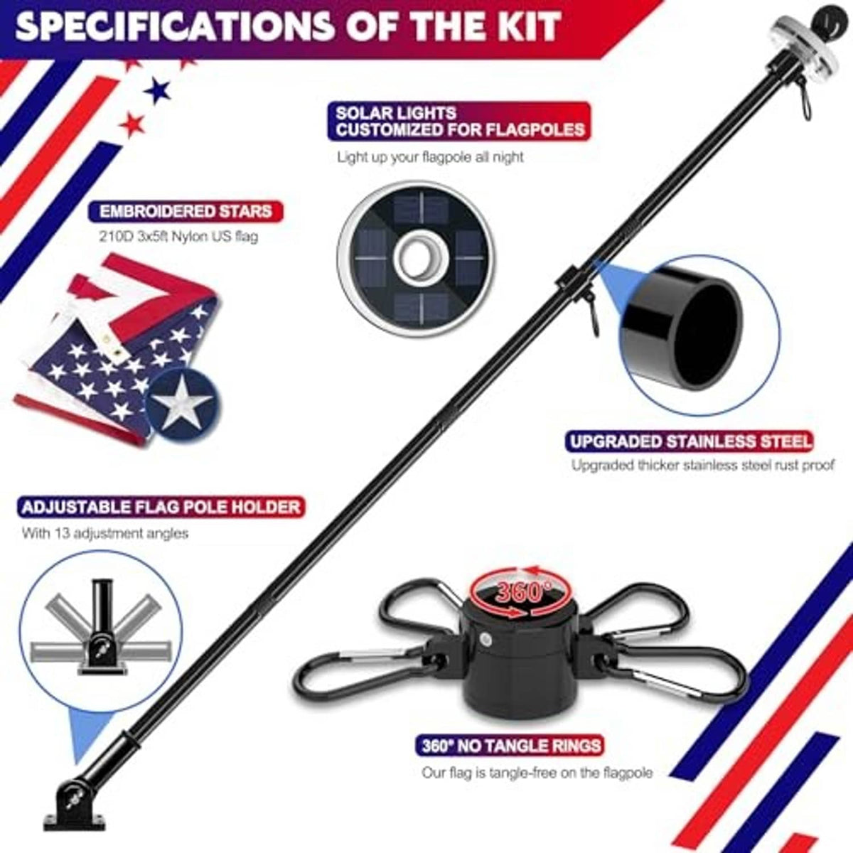 Solar flagpole kit diagram: embroidered U.S. flag, adjustable holder, solar light head