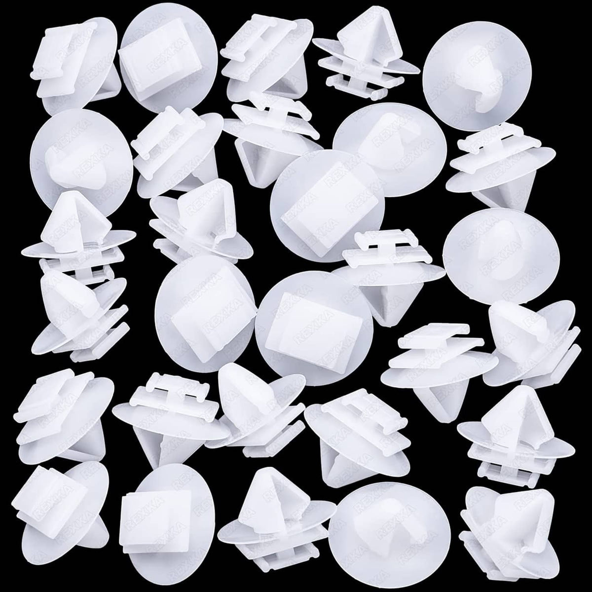 Set of white plastic rear door body side molding clips, assorted shapes