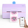 Purple thermal label printer with sample shipping labels and smartphone control