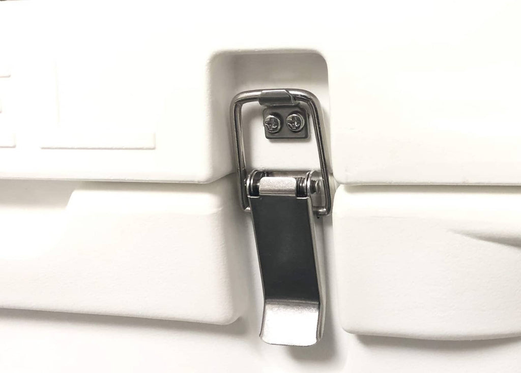 Stainless steel latch attached to cooler body with mounting screws