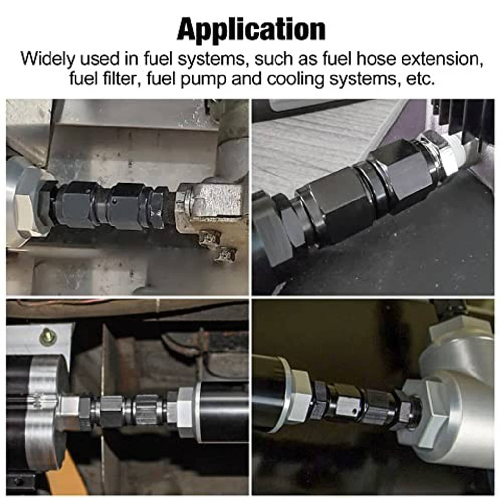 Black AN swivel coupler installed inline with hose line and metal fittings