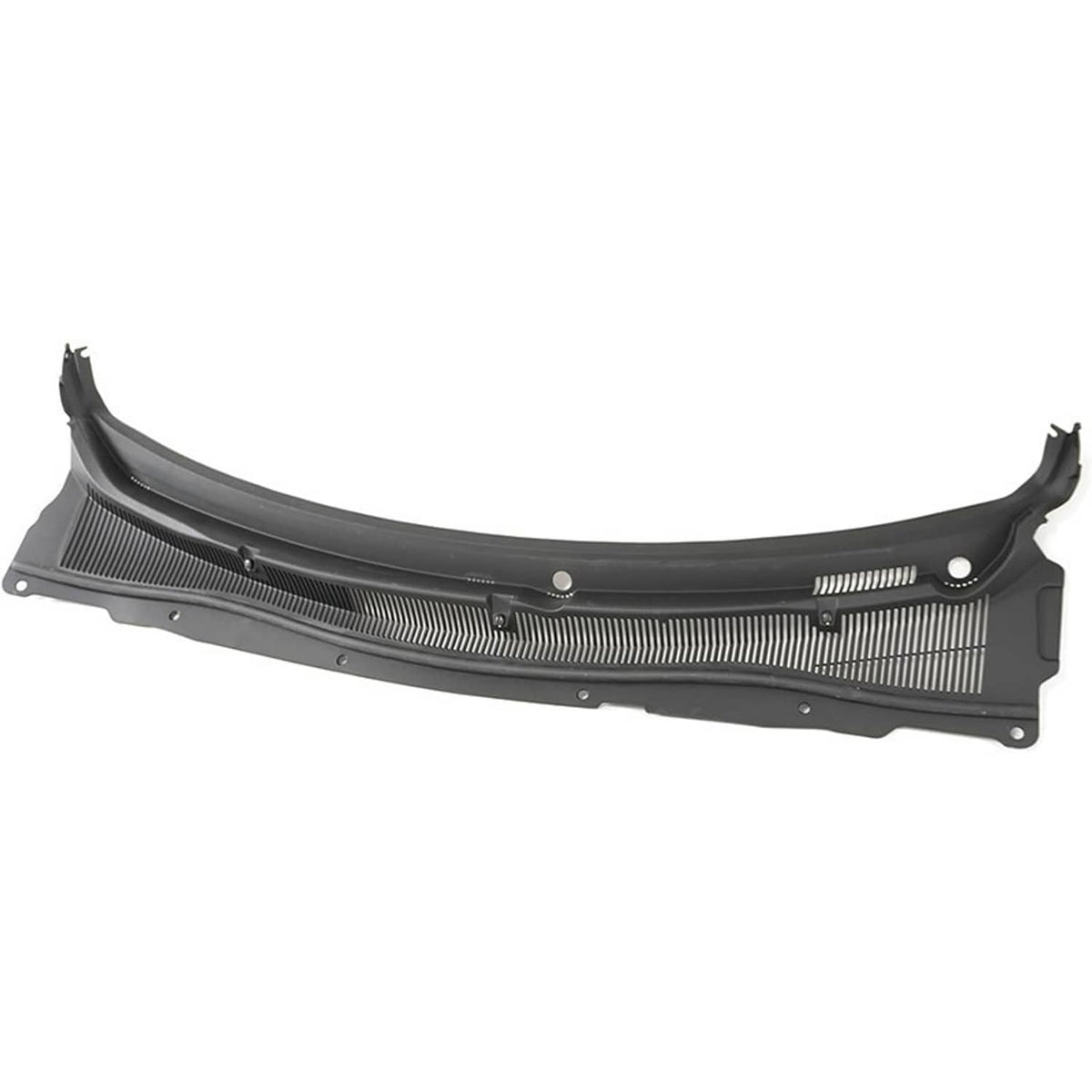 Black front windshield wiper cowl cover panel with vented fins and center mounting holes