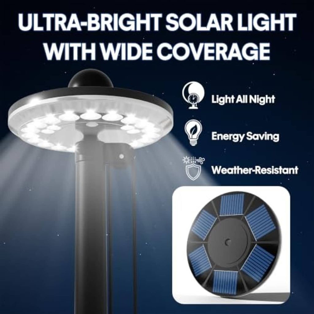 Solar light head on black flag pole with wide bright LED coverage