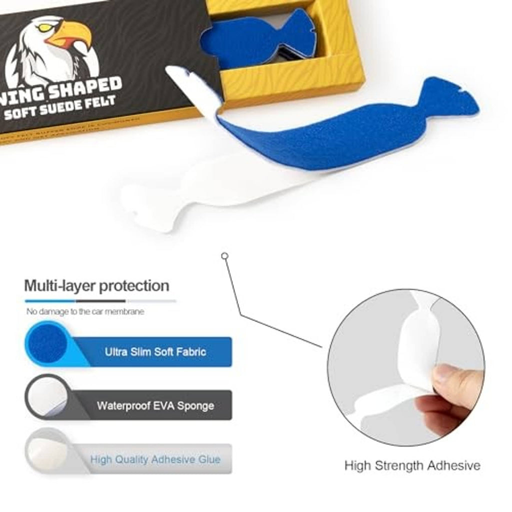 Blue wing-shaped felt buffer pad beside black-and-yellow packaging corner