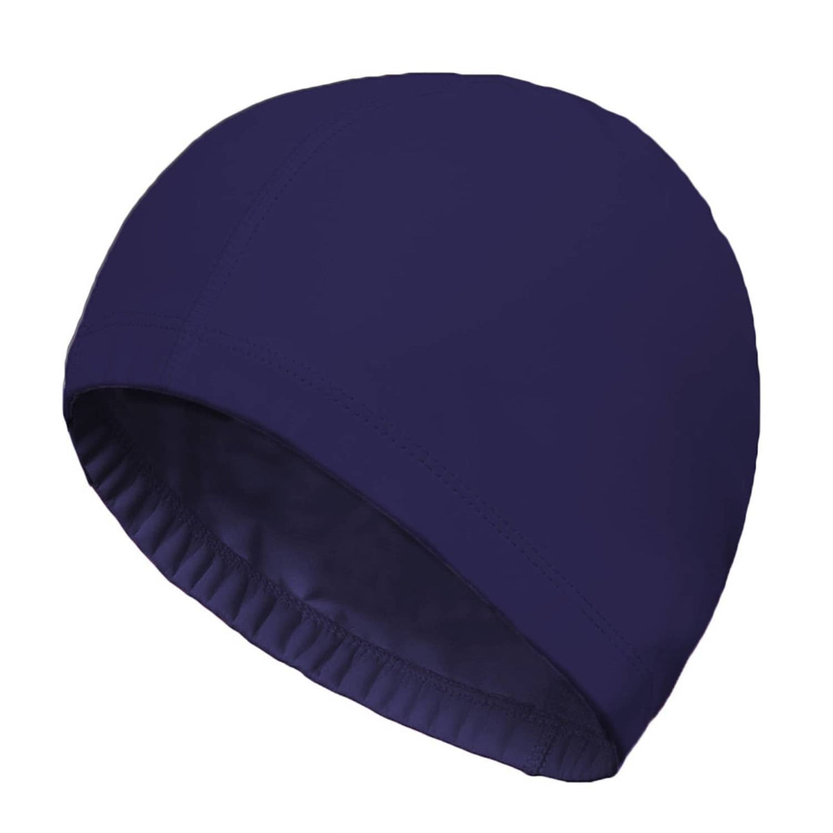 Dark blue swim cap with stitched panels and elastic rim