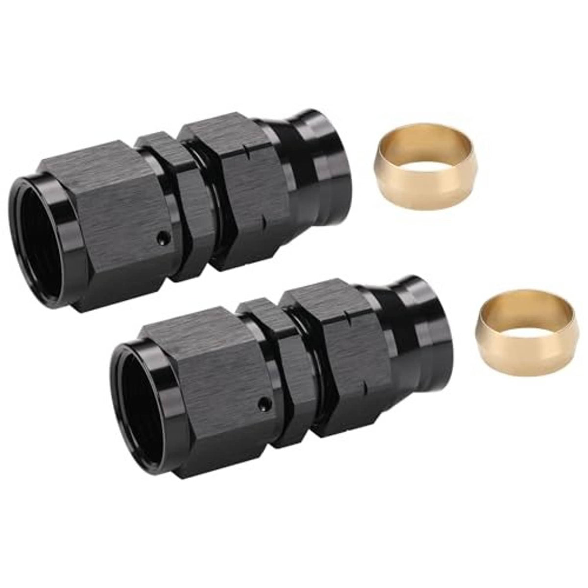 Black AN flare-to-hardline compression fittings with brass ferrule rings, 2-pack