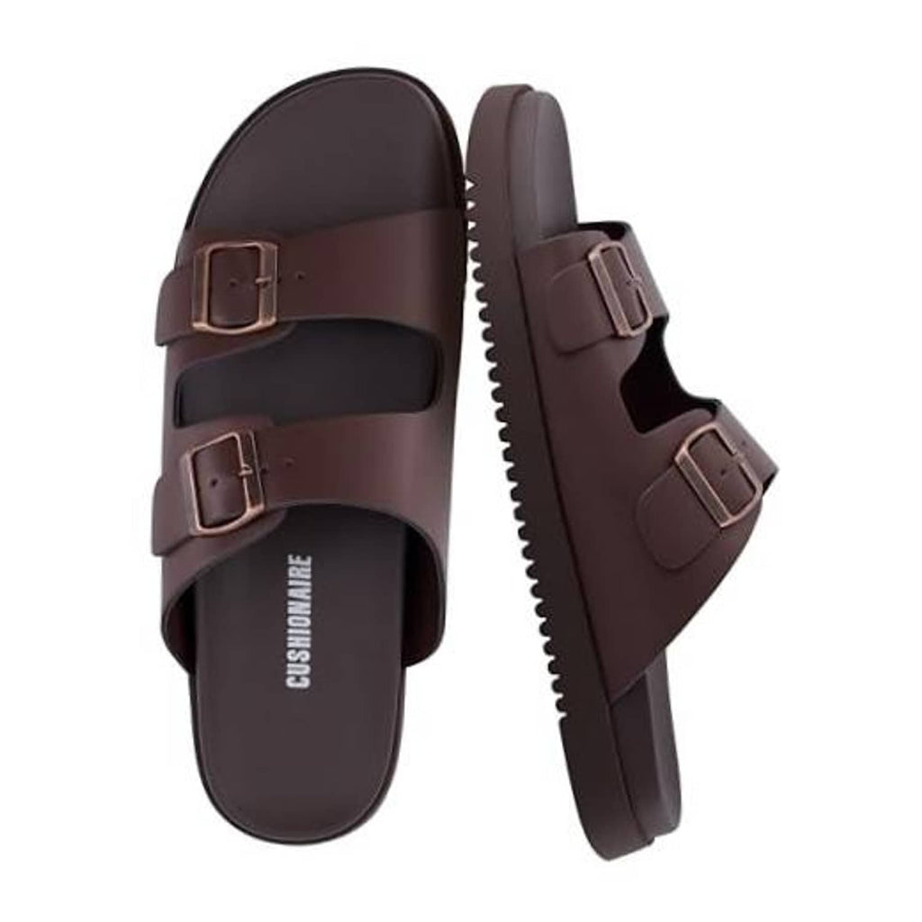 Men's brown slide sandals with two adjustable buckle straps and cushioned footbed