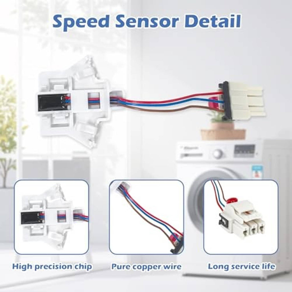 Washer speed sensor detail: white housing with wired connector plug