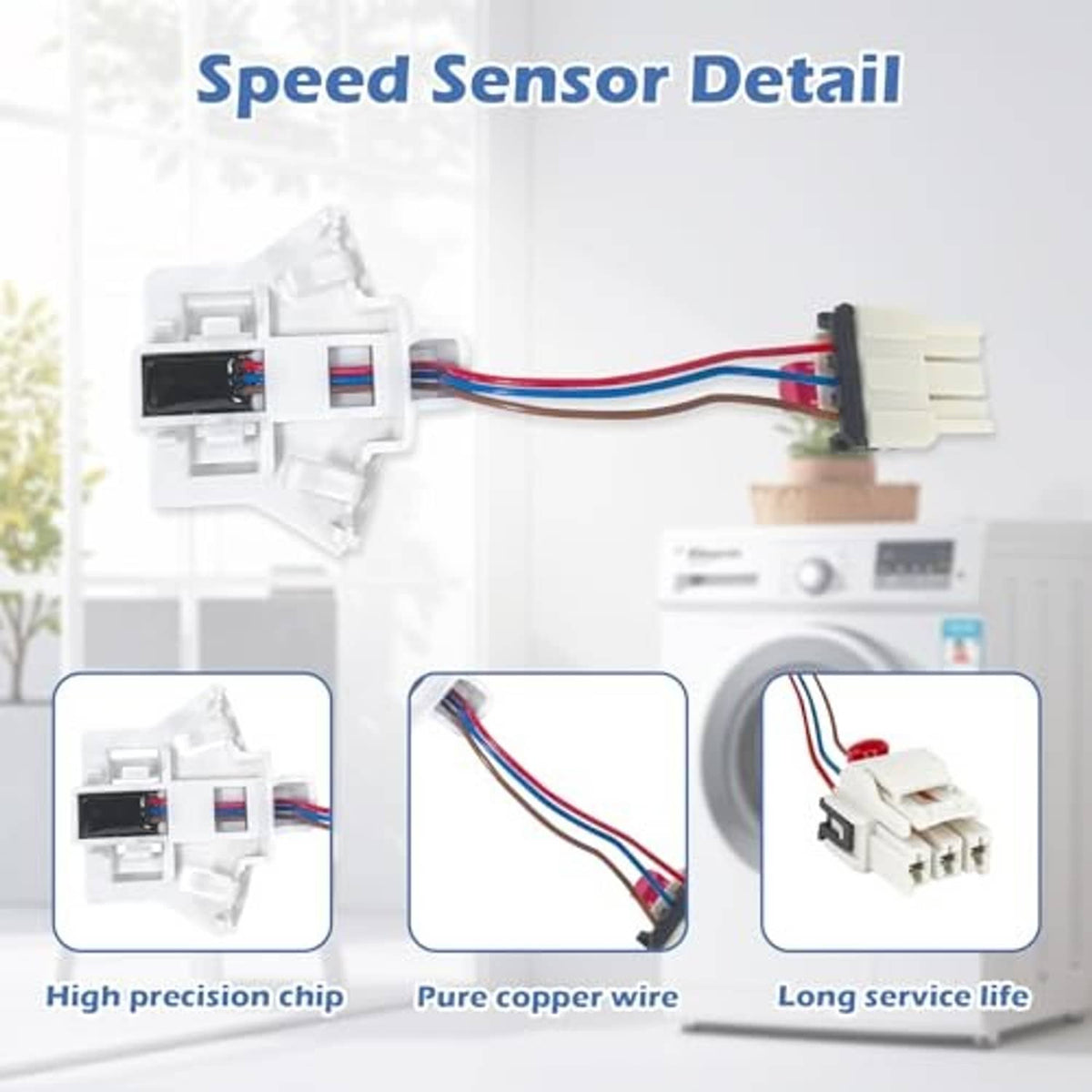 Washer speed sensor detail: white housing with wired connector plug