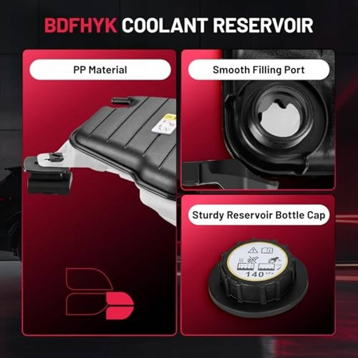 Coolant reservoir feature graphic with cap, smooth port, and PP material