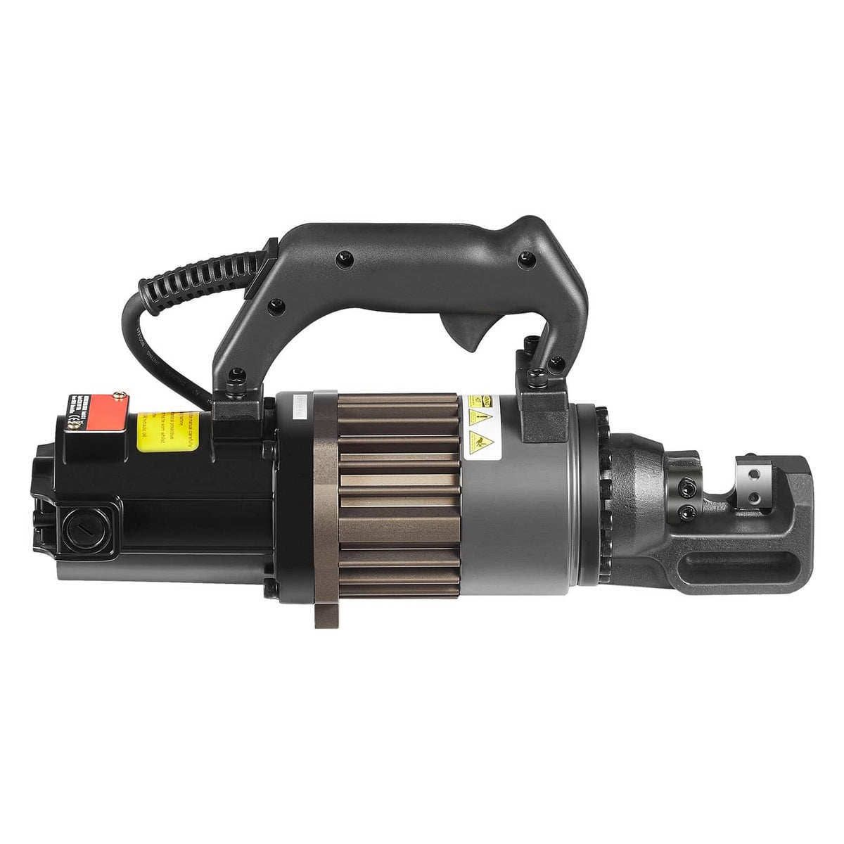 Electric hydraulic rebar cutter with black handle and gray cutting head