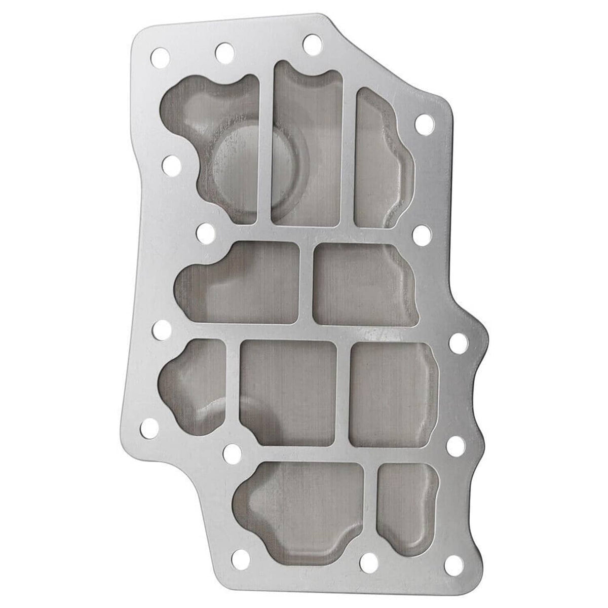 Transmission filter housing plate with bolt holes, silver metal with internal channels