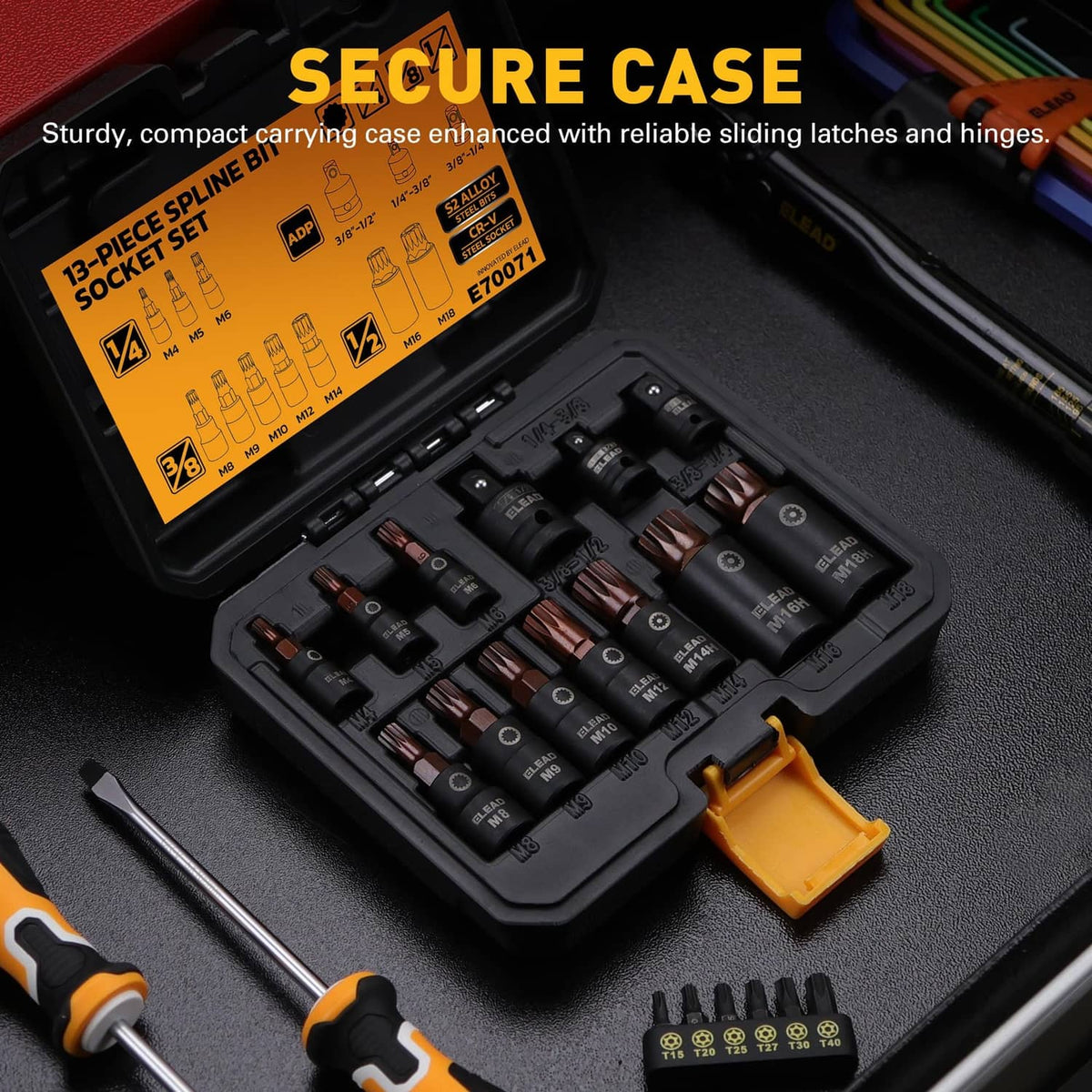 13-piece spline bit socket set in a secure plastic case with accessories