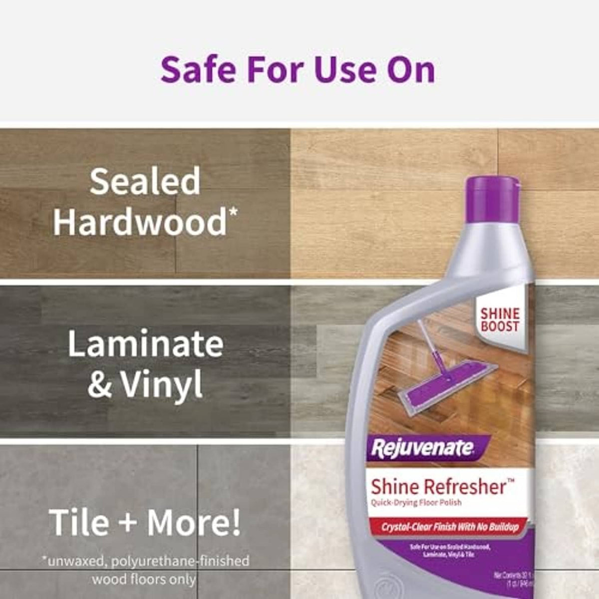 Rejuvenate Shine Refresher floor polish bottle with purple cap on wood floor