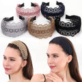 Set of lace non-slip headbands in pink, navy, black, gray, and tan with bow detail