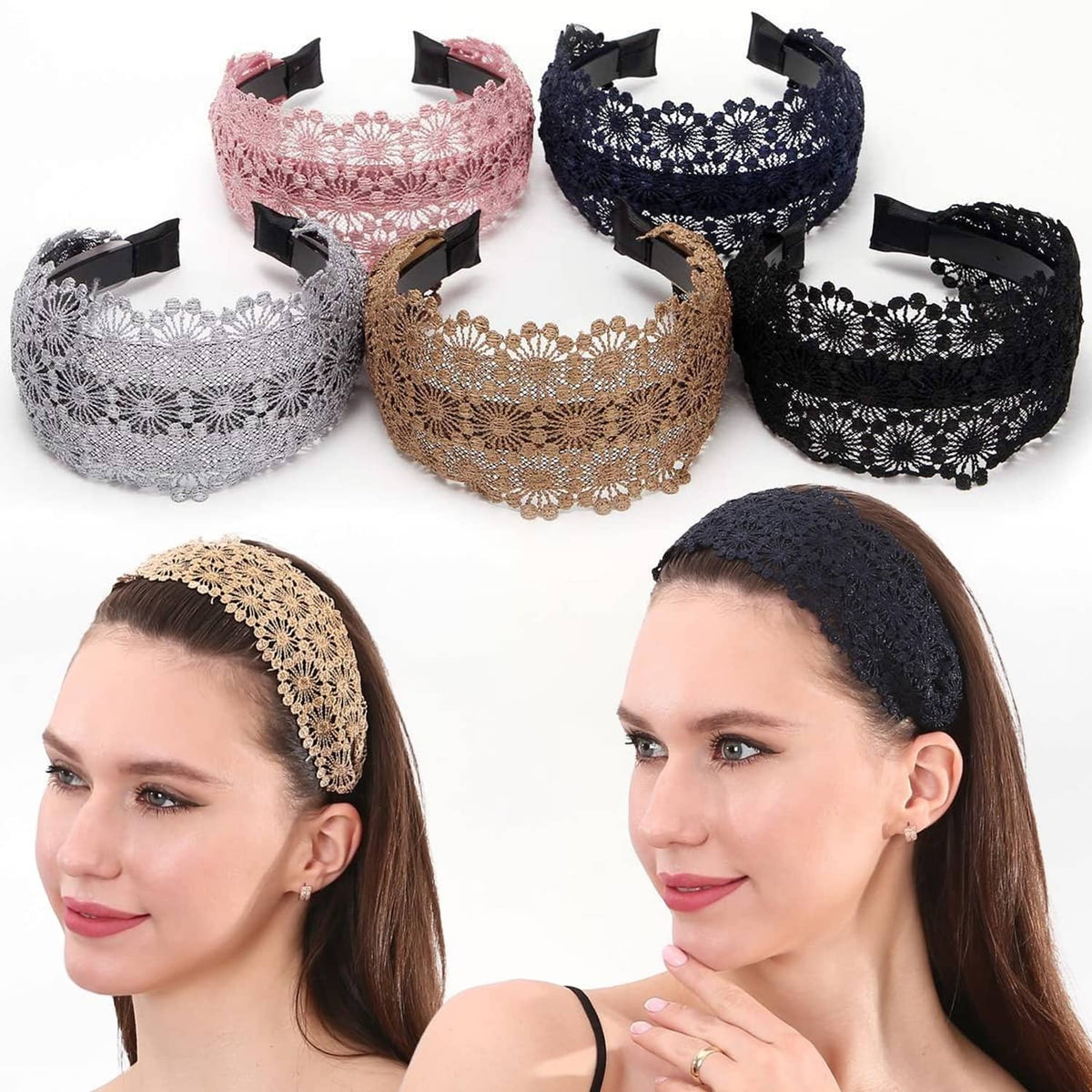 Set of lace non-slip headbands in pink, navy, black, gray, and tan with bow detail