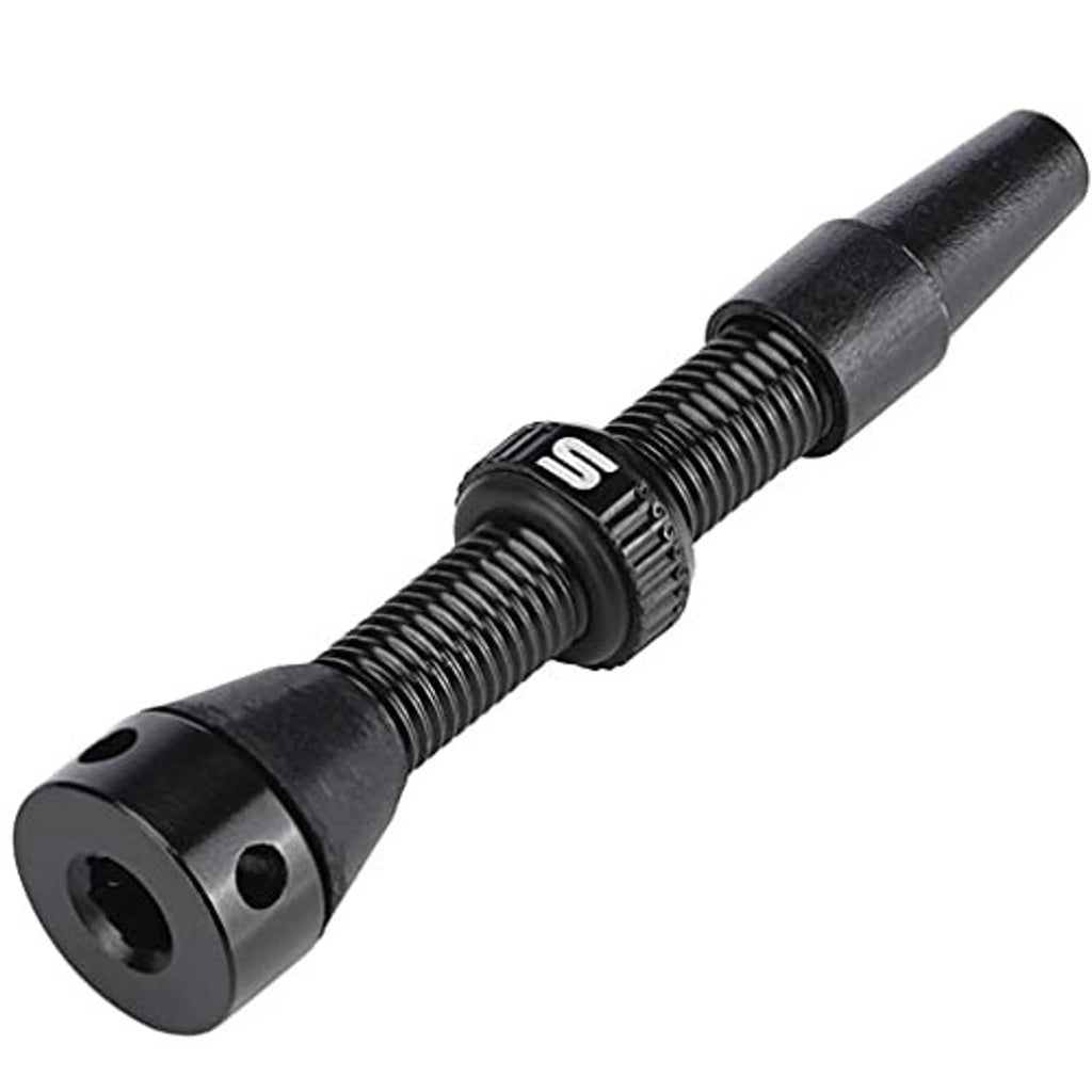 Black tubeless valve stem with threaded shaft and rubber grommet base