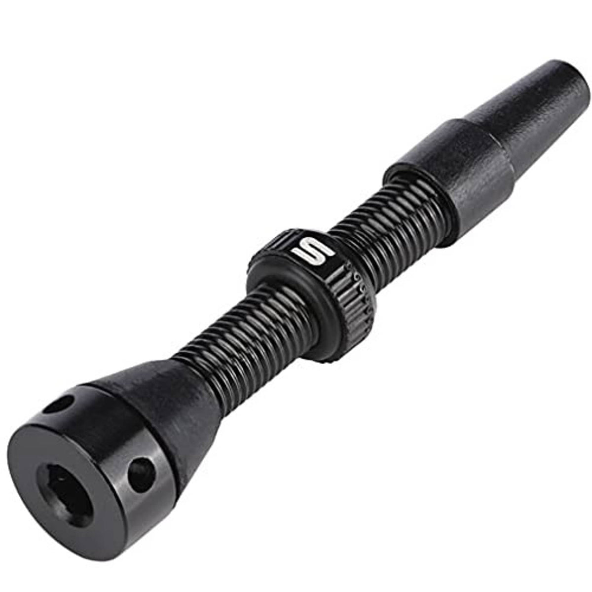 Black tubeless valve stem with threaded shaft and rubber grommet base