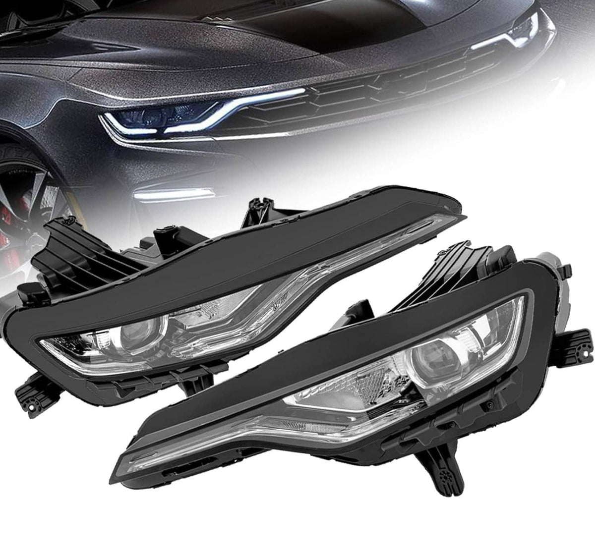 Pair of black LED DRL headlight housings with clear lens and mounting brackets