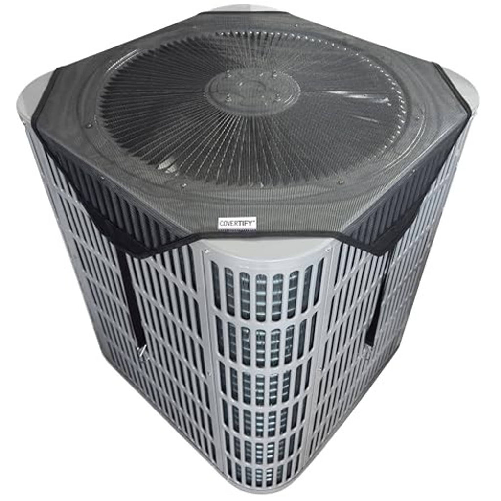 Outdoor AC condenser cover with vented top panel and breathable dark fabric