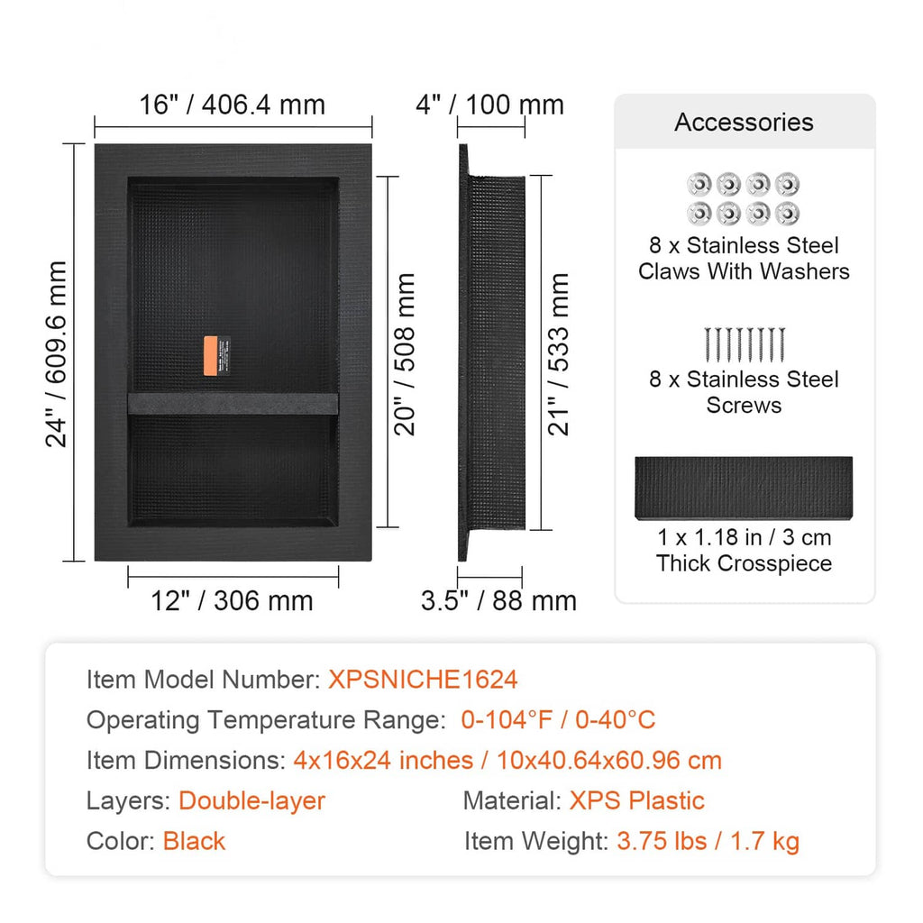 Technical diagram of 16 x 12 in double recessed shower niche with screws and washers