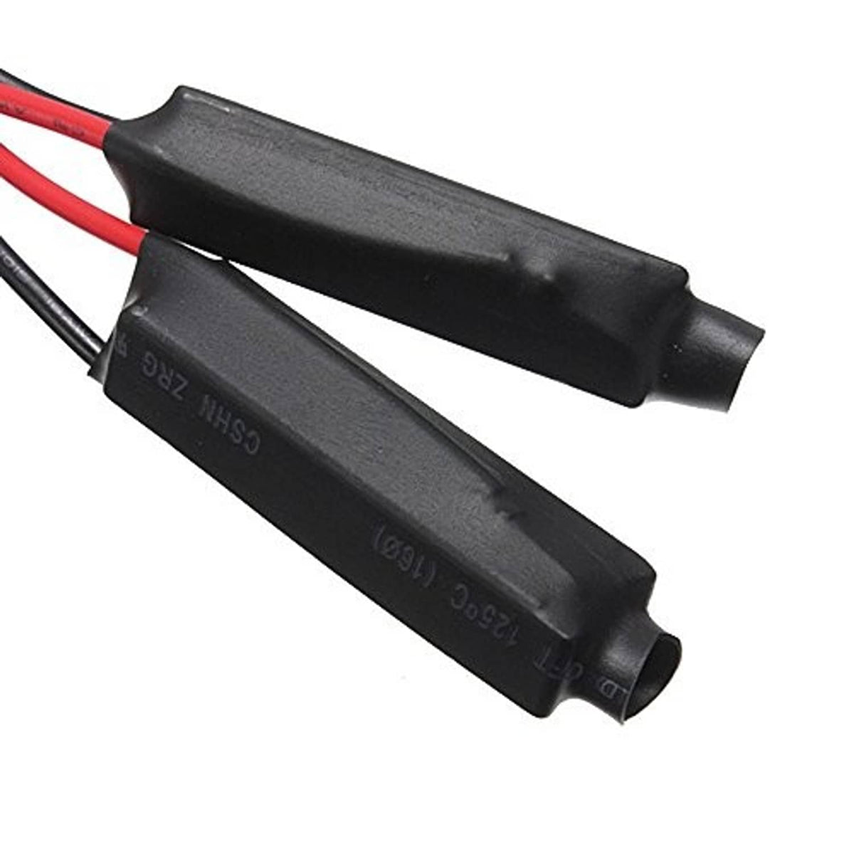 Black inline resistor module with printed markings and red/black lead wires
