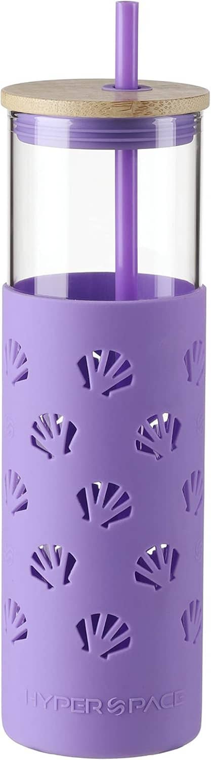 Purple insulated glass tumbler with silicone protective sleeve, bamboo lid, and drinking straw