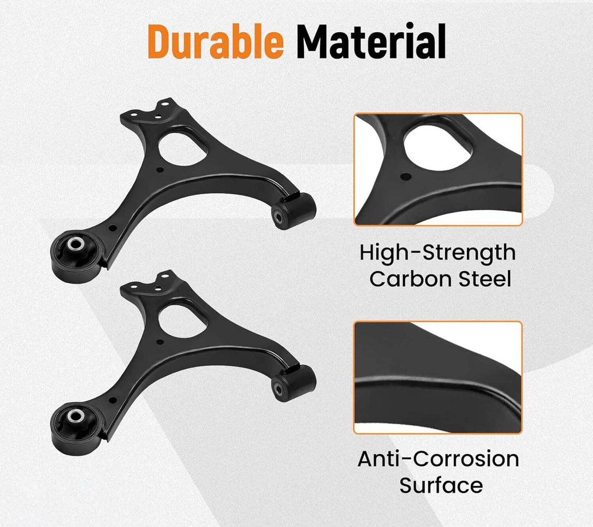 Durable black lower control arms with anti-corrosion surface and press-fit ball joint ends