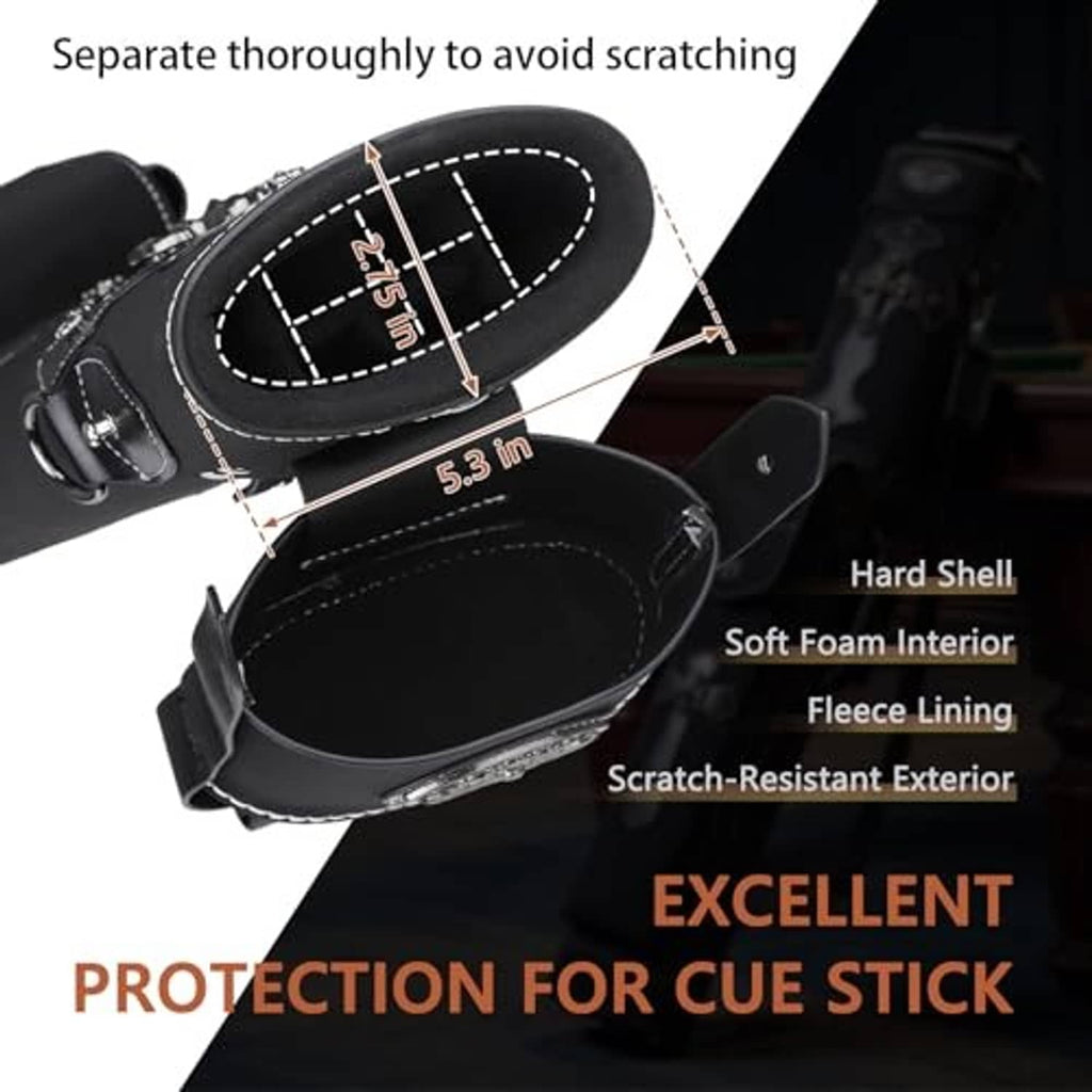 Black hard-shell cue case opened to show padded interior and scratch-resistant exterior