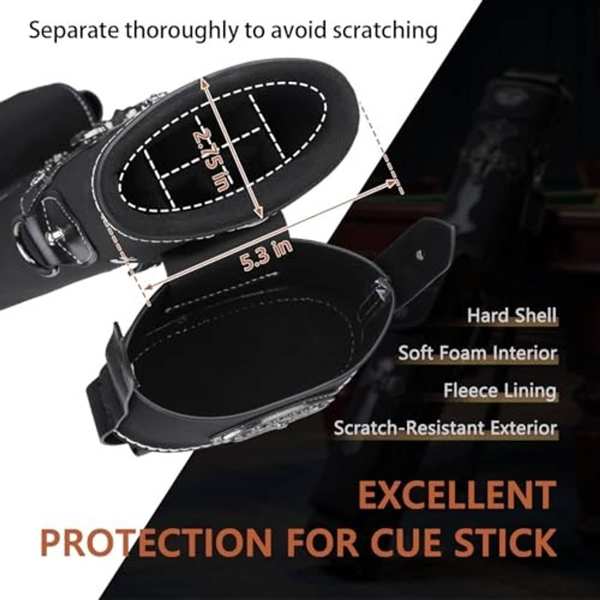 Black hard-shell cue case opened to show padded interior and scratch-resistant exterior