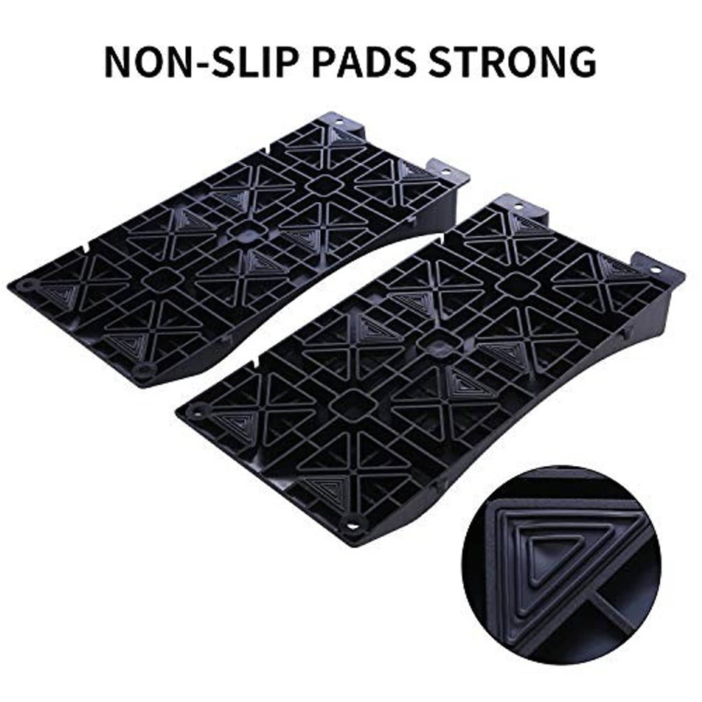Car tire wheel ramp pads, black textured non-slip surfaces, two-piece set