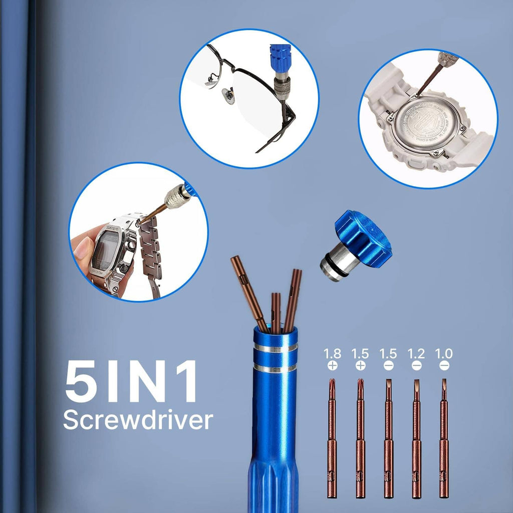 5-in-1 watch screwdriver with blue handle and multiple screwdriver bits for battery tools