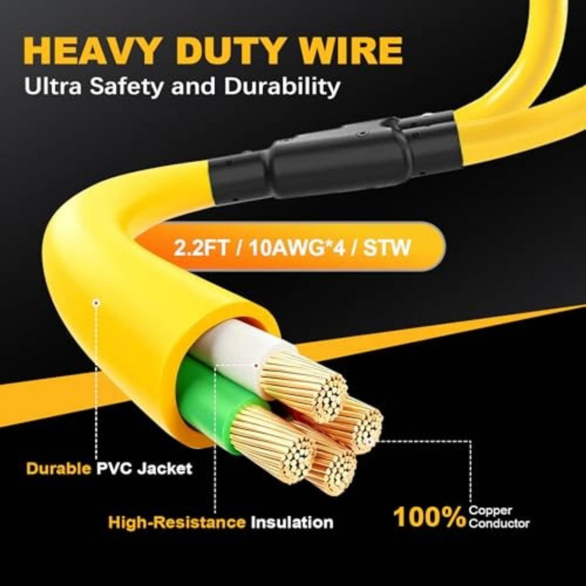 Heavy duty yellow PVC power cord with 10AWG STW insulation and copper conductor