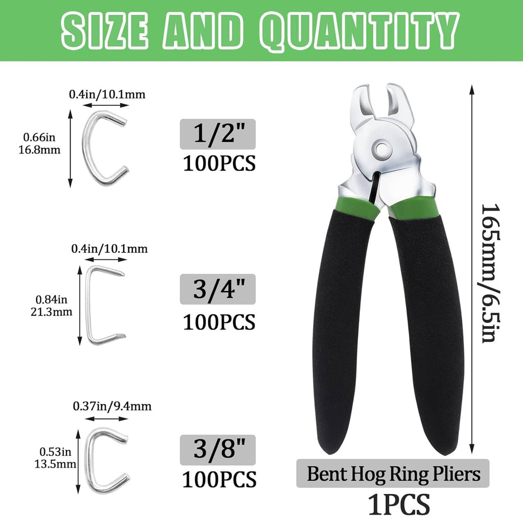 Bent hog ring pliers with size and quantity chart, including 1/2, 3/4, 3/8 rings