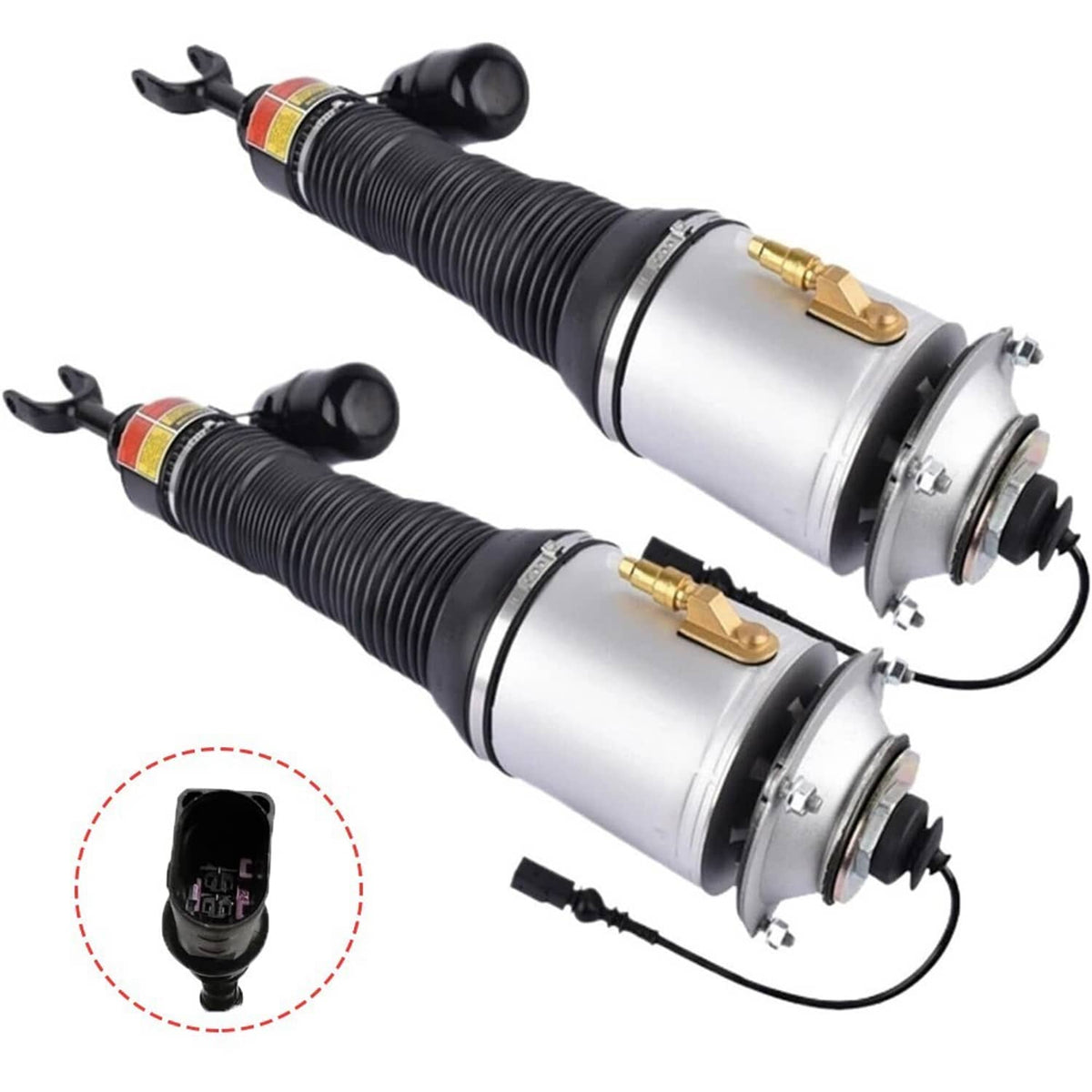Front air suspension strut shocks pair, angled view with gold valve fittings