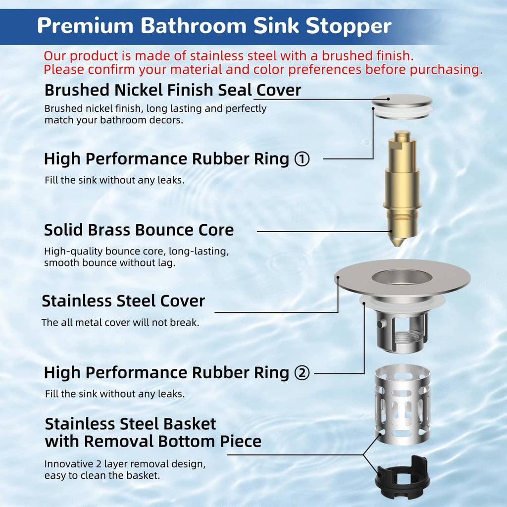 Brushed stainless steel bathroom sink stopper with rubber rings and brass bounce core