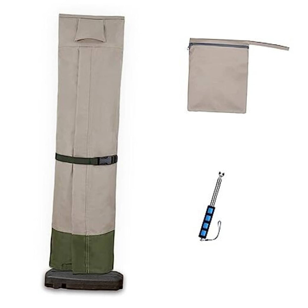 Taupe outdoor cantilever umbrella cover with green bottom band and attached strap