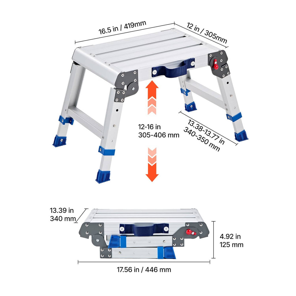 Folding work platform with dimension arrows and height range labels on white frame
